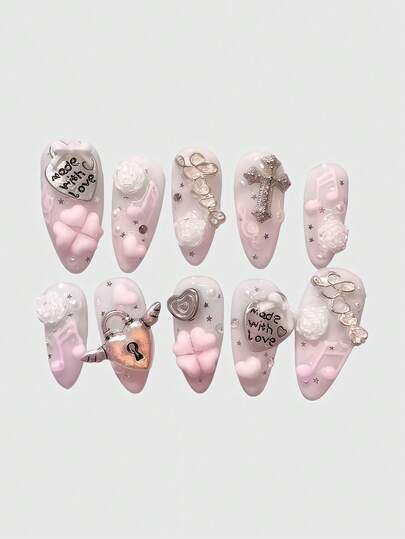 Anime 10 piezas de uñas postizas decorativas con estampados retro Y2K de estrellas, lunares, rayas, arte pop, grunge y notas musicales, hechas a mano, adecuadas para la universidad, festivales de música, citas, etc.