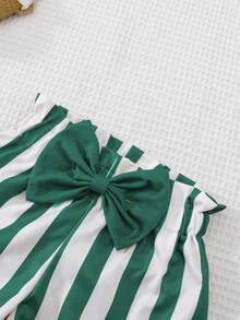两件套女童休闲无袖上衣和条纹短裤套装，蝴蝶结设计 - 綠色 - 查看 5