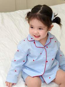 DAZY Infant/Toddler Girls' Heart Print Long Sleeve Shirt And Shorts Casual Loungewear Set - Blue - View 4