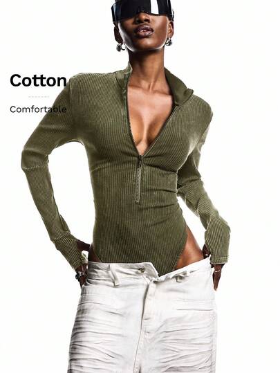 LYSMO 2025 New Minimalist Autumn Women's Solid Color Zipper Slim Stand Collar Long Sleeve Bodysuit Women's Bodysuit Long Sleeve Ribbed Shirt Green Western Top Women's Denim Top Suitable For Going Out, Back To School, Graduation, Street Wear, Grunge And Punk Fashion, Y2K Clothing And Stockholm Style, Avant-Garde Women's Clothing And Unique Clothing Halloween Coe, Army Green Bodysuit