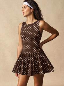 VARSIVA Women's Casual Polka Dot Print Sleeveless Backless Dress Tennis Skirt Dress - Coffee Brown - View 5