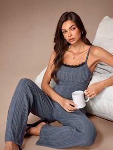 SHEIN Soft Brushed Ribbed Contrast Lace Camisole & Pants Loungewear Pajama Set - Dark Grey - View 1