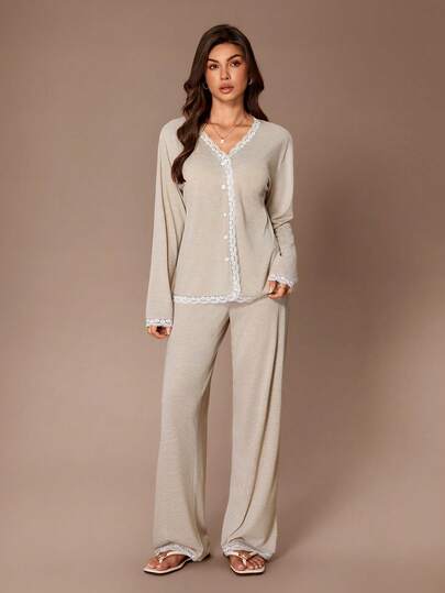 Lazeform V-Neck Cardigan Button Long Sleeve Lace Patchwork Top And Straight Leg Pants Women Pajama Set, Autumn/Winter Lace Pj Set Knit Pajama Set Two Piece Sleepwear Set Sleep Wear Women 2 Piece Set Lounge Wear Set