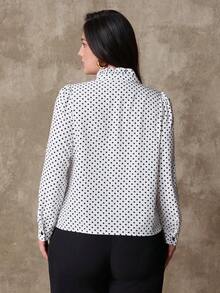 Juhart 大码女式波点印花荷叶边领长袖优雅衬衫 - 白色 - 查看 2