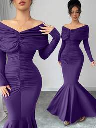 Modelyn Pleated Off Shoulder Long Sleeve Dress For Women