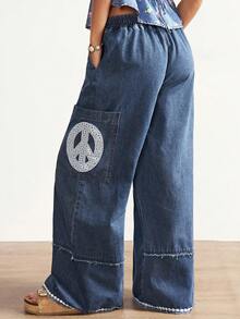Bohemela 女士休闲纯色阔腿牛仔裤 宽松牛仔裤 带图案牛仔裤 - 藍色 - 查看 7