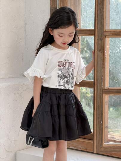 DAZY 女童圆领英文字母印花荷叶边下摆短袖T恤，夏季