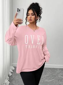 SHEIN LUNE CURVE 大码女式休闲圆领长袖刺绣标语T恤 - 粉色 - 查看 4