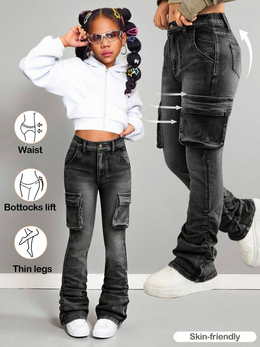 Tween Girls' Pocketed Button Utility Casual Flare Pants, Versatile For Daily Wear - Black - View 1