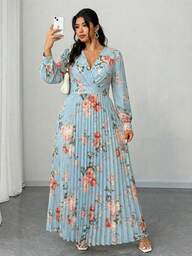 Elenzga Plus Size Women's Spring/Summer Vacation, Elegant Romantic Party, Wedding Guest Ditsy Floral Long Sleeve V-Neck Pleated Flowing Maxi Dress