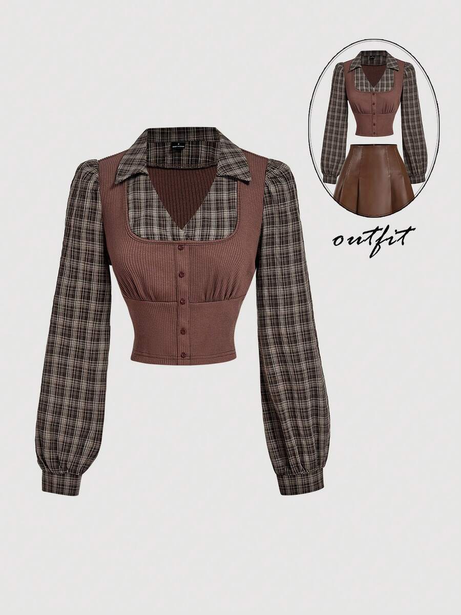 SHEIN MOD Áo sơ mi cổ bẻ kẻ caro nâu cổ điển 2 trong 1, phong cách học sinh, lấy cảm hứng từ phong cách quý tộc xưa, hoàn hảo cho công sở và đi làm, Y2K, thích hợp mặc cho buổi tối hẹn hò, tiệc tùng, hoàng gia, lễ hội và sinh nhật - Nhiều màu - Xem 1