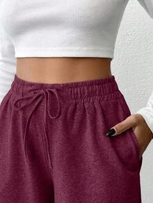 SHEIN Women Solid Color High Waist Straight Pants - Burgundy - View 5