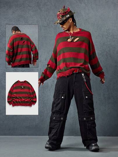 Grunge Punk Men's Asymmetrical Ripped Striped Casual Loose Fit Long Sleeve Sweater, For Winter