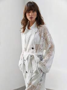 Ontre 2026 女士白色蕾丝舒适宽松透气风衣，翻领设计配腰带，现代都市休闲商务办公着装，低调优雅高品质，简约优雅时尚街头风长款外套 - 白色 - 查看 6