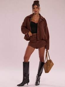 SHEIN BAE Chaqueta corta casual, suelta y relajada - Marrón - Ver 5