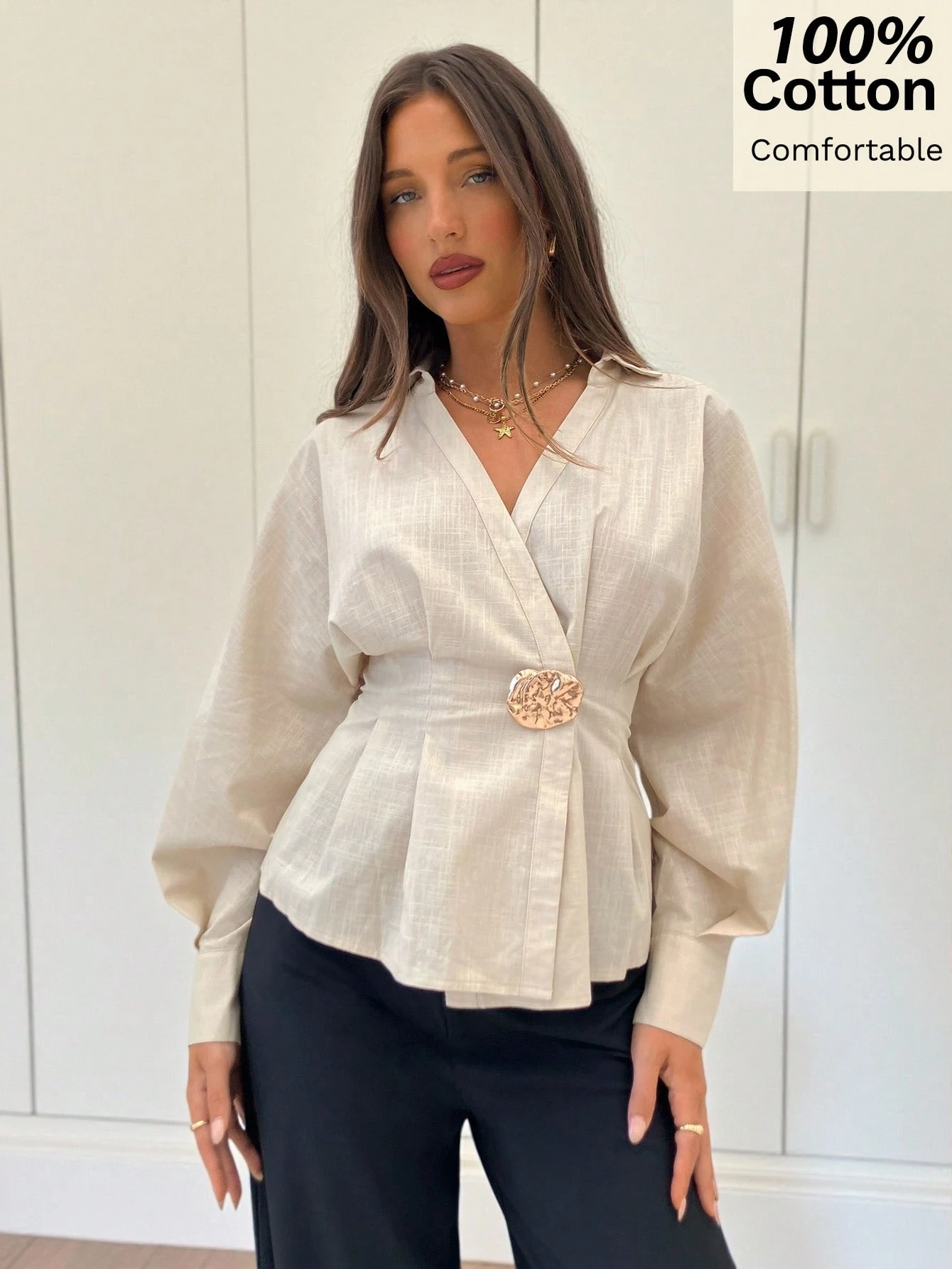 Siren Gaze Stylish Metallic Pleated Elegant Fitted Cotton Blouse For Women,