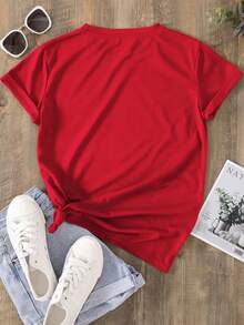 Camiseta básica casual de mujer con estampado gráfico cómoda con gráficos de corazón - San Valentín - Rojo - Ver 3