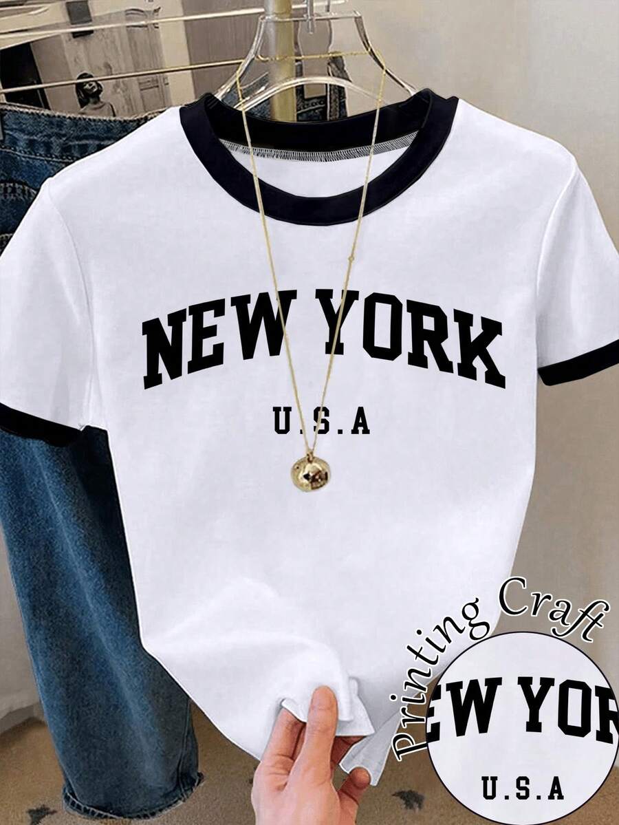 SHEIN 女士圆领字母印花时尚百搭度假短袖T恤 - 彩色 - 查看 1