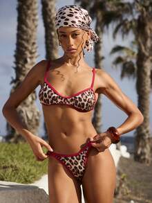 Swim Vcay Women's Leopard Print Bikini Set,Contrast Red Mini Cup Bandeau Strapless Swimwear,Summer Casual Beach Vacation Holiday Outfits For Woman,Tan - Multicolor - View 4