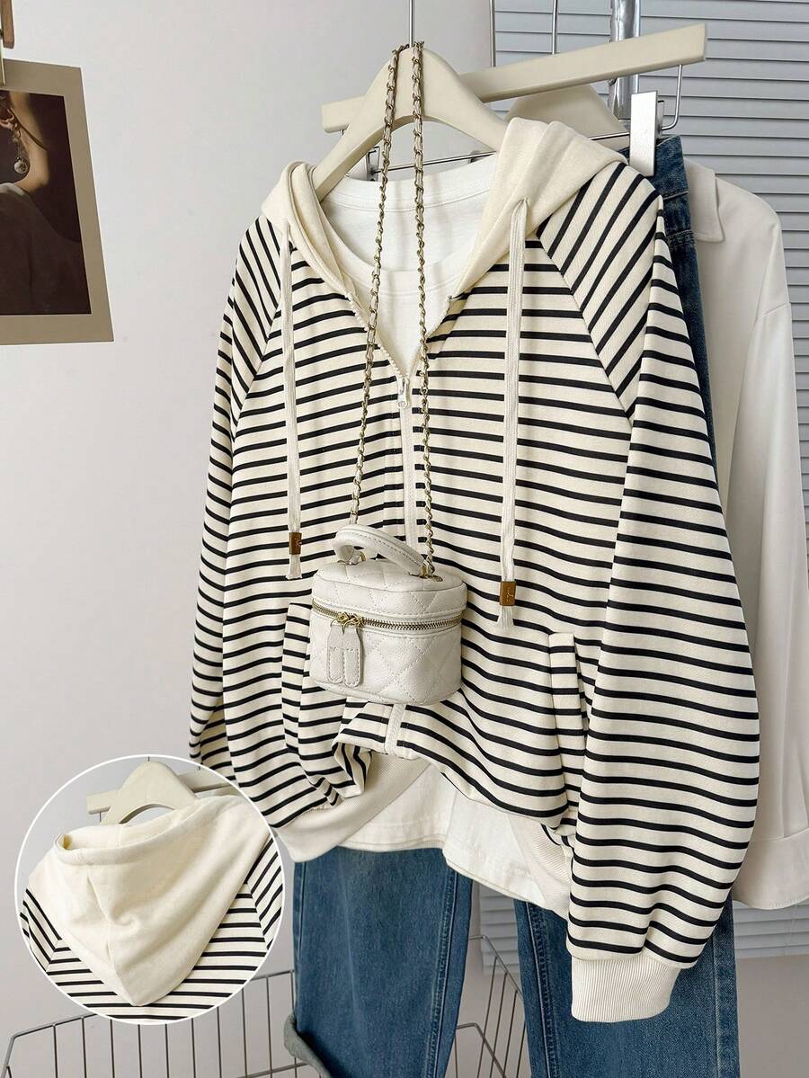 INAWLY Casual Striped Drawstring Sweatshirt, Autumn - Apricot - View 1
