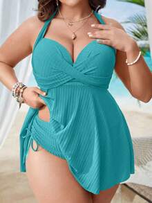 Swim Lushoire Bộ đồ bơi mùa hè dành cho nữ cỡ lớn, màu trơn, thiết kế chéo, kiểu yếm cổ và quần bơi. - Màu xanh Bạc hà - Xem 6