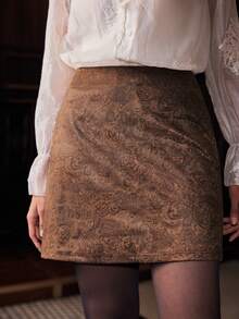 Franclia Women's High-Quality Luxurious Romantic Suede-Like Fabric Foil Cashew Flower Print Retro Design Elegant Commuter Versatile A-Line Skirt - Brown - View 5