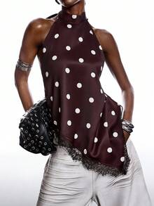 LYSMO 女士性感波点蕾丝边不对称下摆露背吊带上衣，夏季 - 彩色 - 查看 5