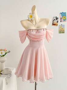 Soleia Elegant Off-Shoulder Tube Top Tie Strap Mini Princess Dress, Cream Yellow, Suitable For Afternoon Tea, Brunch, Puff Sleeves, Graduation, Wedding, Easter, Graceful - Pink - View 5