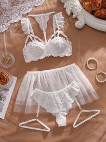 SHEIN 5pcs/Set White Lace Hollow Cap Sleeve Bralette Halter Collar + Mesh Tulle Puff Skirt + White Lace Thong Panty + Garter Belt + Leg Garter, Sexy Girly Style - White - View 1