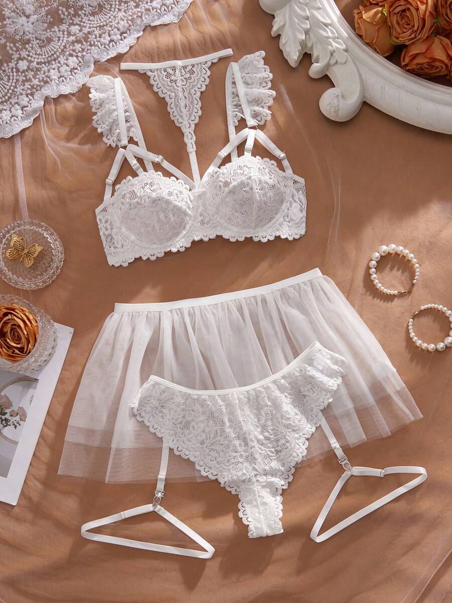 SHEIN 5pcs/Set White Lace Hollow Cap Sleeve Bralette Halter Collar + Mesh Tulle Puff Skirt + White Lace Thong Panty + Garter Belt + Leg Garter, Sexy Girly Style - White - View 1