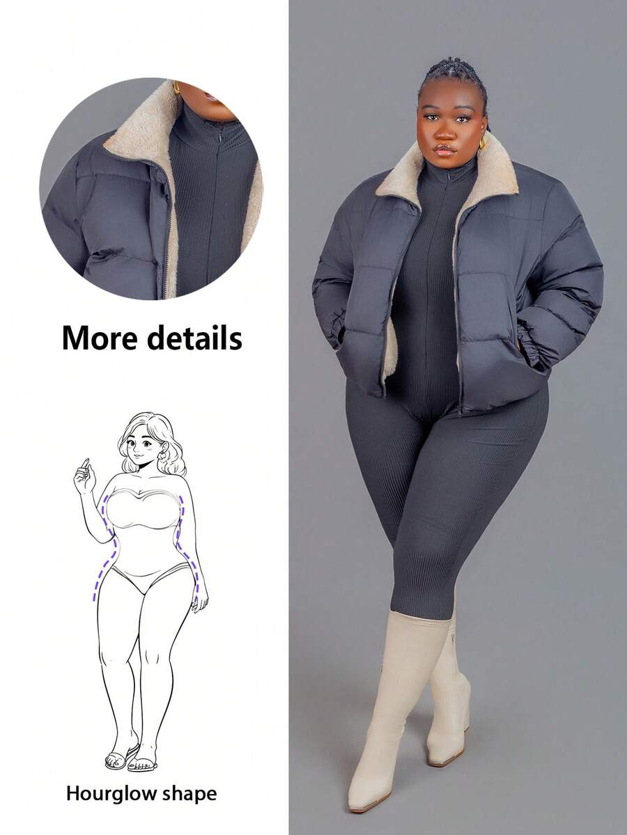 CurvyTilda 大码女式短款棉袄,冬季 - 黑色 - 查看 1