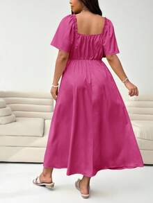 Solflare Plus Size Fuchsia Long Sleeve Dress, Spring/Summer - Hot Pink - View 2