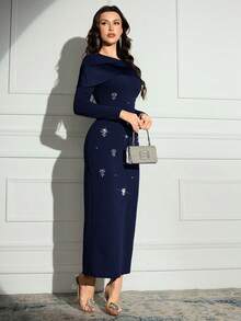 Modelyn 女士长袖水钻装饰修身优雅连衣裙长款晚礼服 - 藏蓝色 - 查看 5