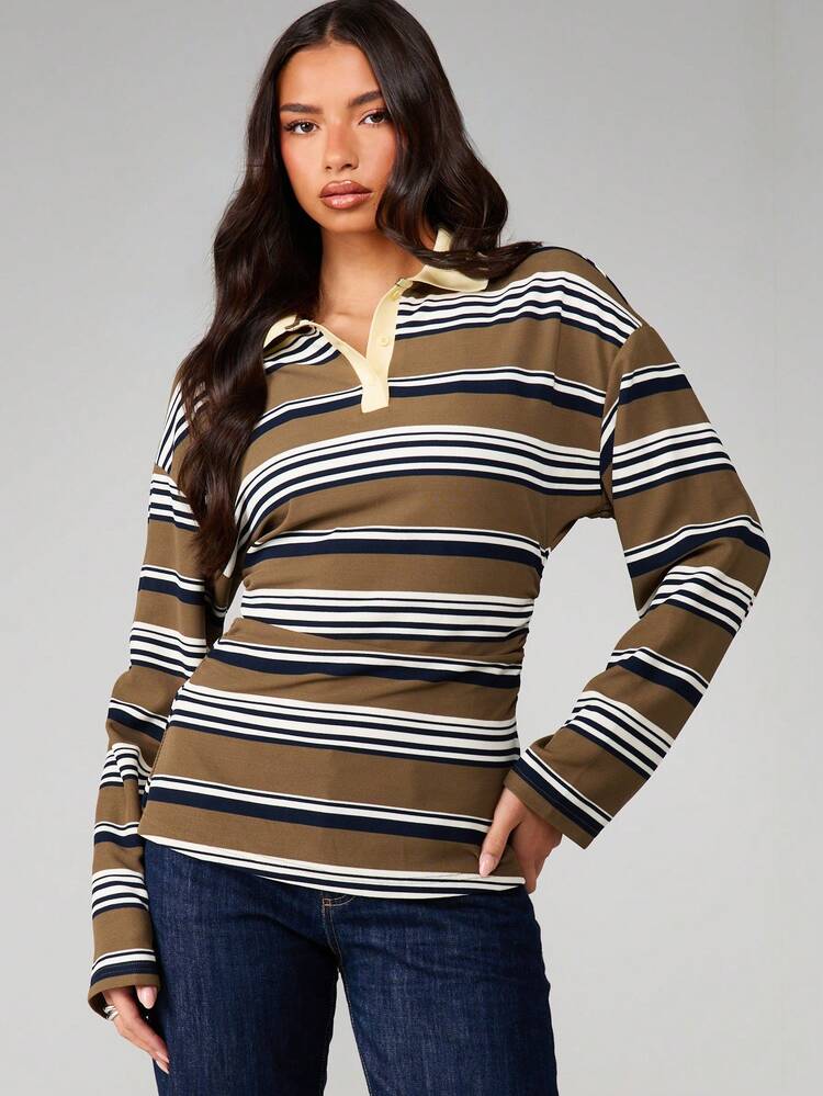 MISSGUIDED Striped Long Sleeve Rugby Polo Top With Button Placket And Ribbed Collar Casual Fall Winter Pullover Shirt