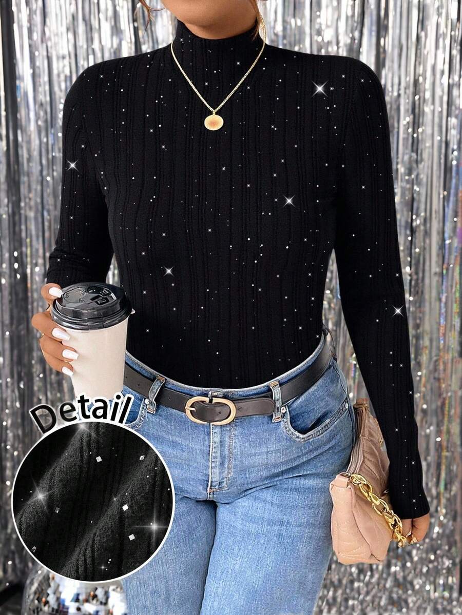 SHEIN Frenchy 罗纹亮片T恤，修身显瘦，适合日常穿着、新年派对、休闲简约大码修身打底衫 - 黑色 - 查看 1