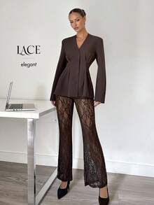 Siren Gaze 秋冬新款优雅美人鱼风女士通勤休闲套装，棕色蕾丝裤装，棕色西装外套和裤子套装，秋冬服装 - 棕色 - 查看 3