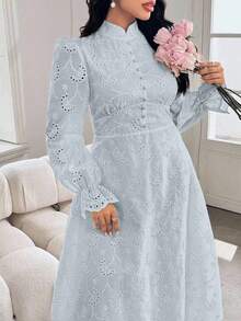 Modelyn Vestido de mujer talla grande con cuello Mao estilo francés, manga abullonada y bordado - Azul - Ver 4