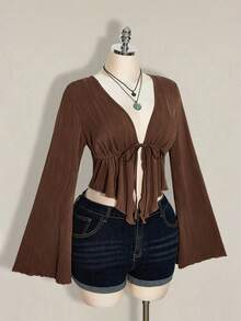 SHEIN ICON 大码女式黑色纹理前系带衬衫 - 棕色 - 查看 5