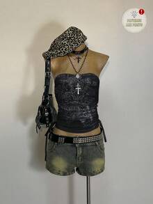 Attitoon 蓝色朋克翅膀十字印花抽绳系带露脐吊带背心 - 舒适的Y2K街头复古辣妹哥特风赛博朋克风，适合街头、演唱会、派对、约会、俱乐部、学校、假期等场合。 - 彩色 - 查看 2