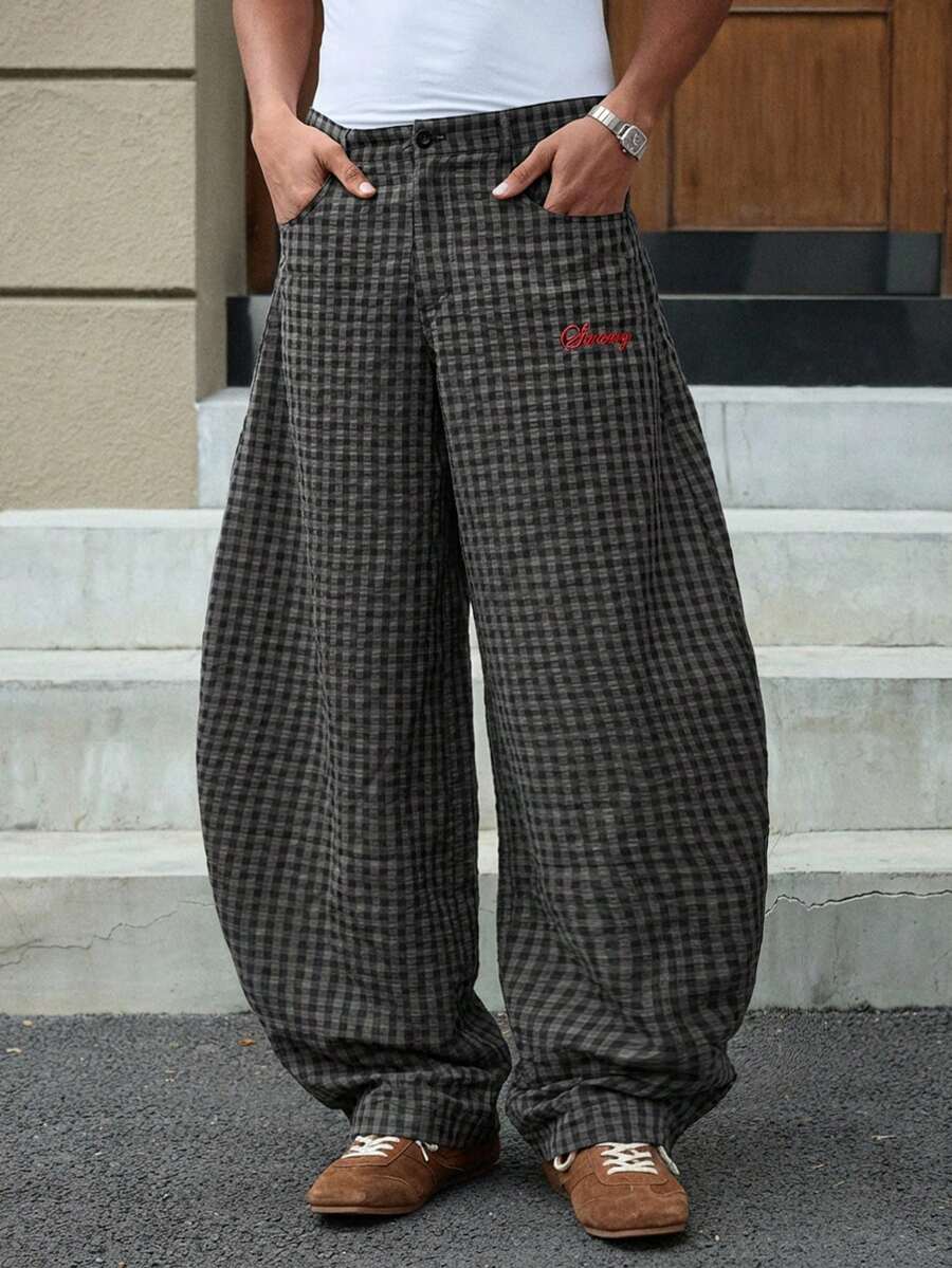 SWAVVY 男士时尚格子宽松休闲裤，带腰带环