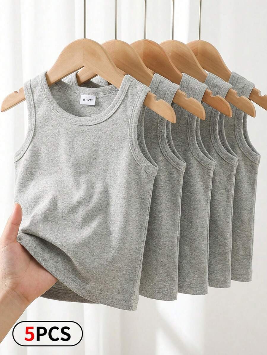 SHEIN Playful Pals 5pcs/Set Casual White Knit Sleeveless Vest Top, Suitable As Layering, For Outings, Casual Wear, Travel, Fits 6 Months To 3 Years Old Baby Boys Baby Boy Sleeveless Shirts Toddler Tank Tops Boy Boy Baby Clothes Tank Top - Grey - View 1