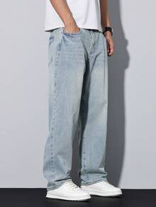 Manfinity Homme 男士纯色口袋休闲直筒牛仔裤 - 淺色水洗藍 - 查看 8