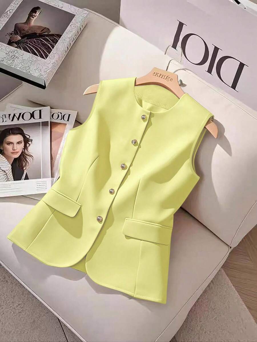 GlowEve Áo vest nữ màu trơn, cài một hàng cúc, thời trang, đa năng, thích hợp mặc đi làm và đi làm. - Màu vàng - Xem 1