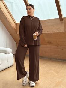 SHEIN Essnce Bộ đồ nữ cỡ lớn màu trơn gồm áo thun dài tay vai rớt và quần ống rộng, kiểu dáng thường ngày. - màu nâu - Xem 4