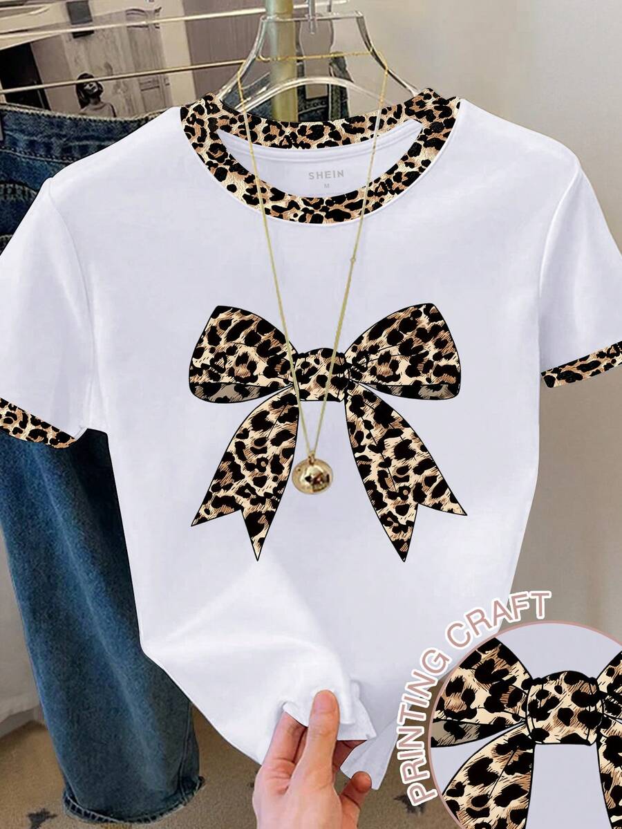Resyla Áo thun nữ tay ngắn cổ tròn phối màu họa tiết da báo, kiểu dáng thường ngày, thích hợp mặc mùa hè. - trắng - Xem 1