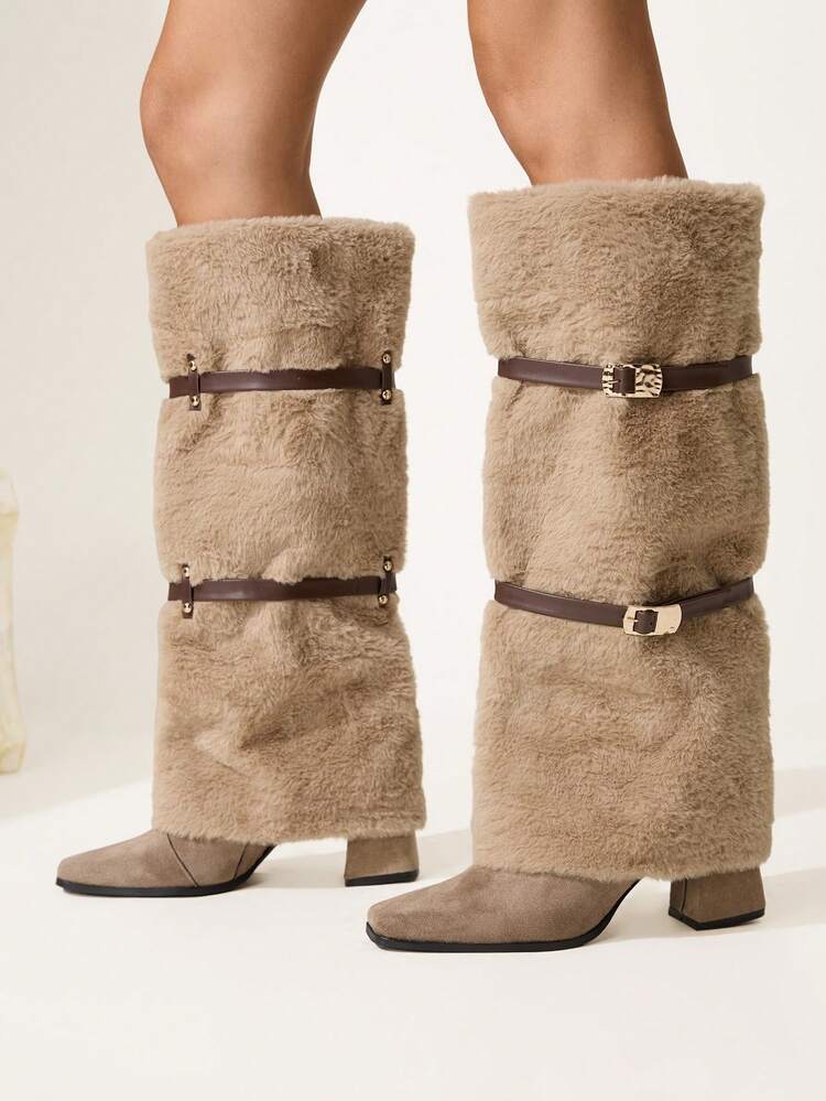 CUCCOO CHICEST Women's Fashionable Commuter Fuzzy Buckle Thick High Heel Knee-High Boots For Christmas