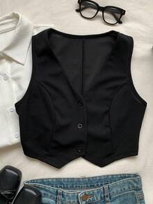 SHEIN EZwear 夏季背心/纯色纽扣前开襟短款马甲，秋冬季 - 黑色 - 查看 5