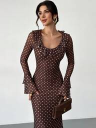 Firerie Elegante damesjurk met lange mouwen, oversized ronde hals, ruches en uitlopende mouwen in koffiekleur, met een fishtail-model, witte stippen op een koffiekleurige basis, elastische meshstof met voering. Elegant voor dagelijks gebruik, woon-werkverkeer, feestjes, banketten, lente, herfst, winter, elegante gelegenheden, zoals een date, afstuderen, gala, optreden, concert, werk, jaarlijkse bijeenkomst of als verjaardagsjurk.