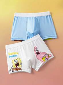 SpongeBob SquarePants | SHEIN 2pcs Young Boy Cute Cartoon Graphic Letter Tape Comfortable Trunks - Blue and White - View 3