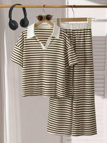 Mädchen Set aus strukturiertem Stoff gestreiftem Kontrast-Farbton Jacquard Poloshirt mit kurzen Ärmeln + Kontrast Taillenbund weite Hose, Lässig Outfit - Aprikosenfarben - Übersicht 1